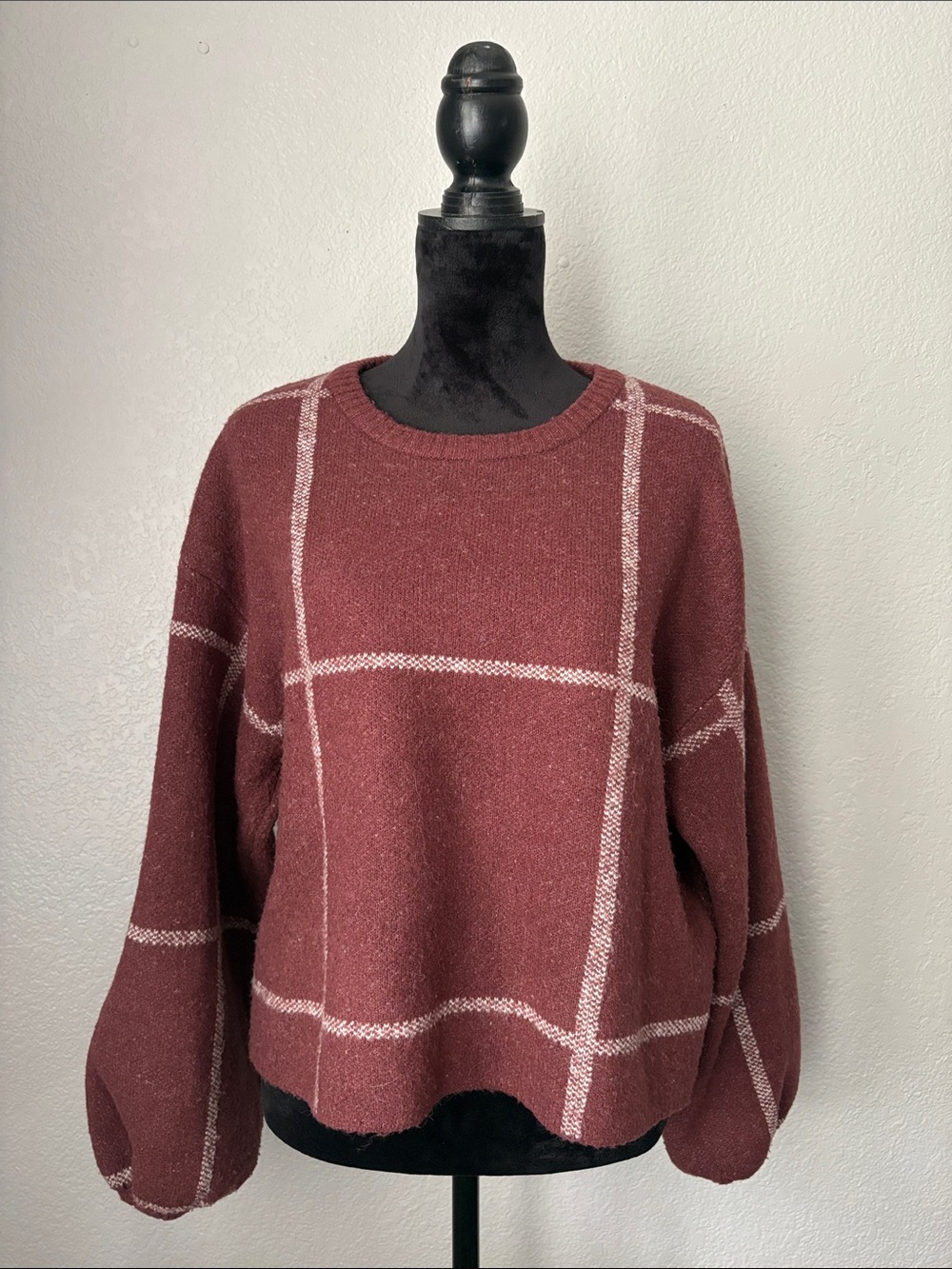 Z Supply Windowpane Crewneck Sweater in Burgundy with Cream Grid